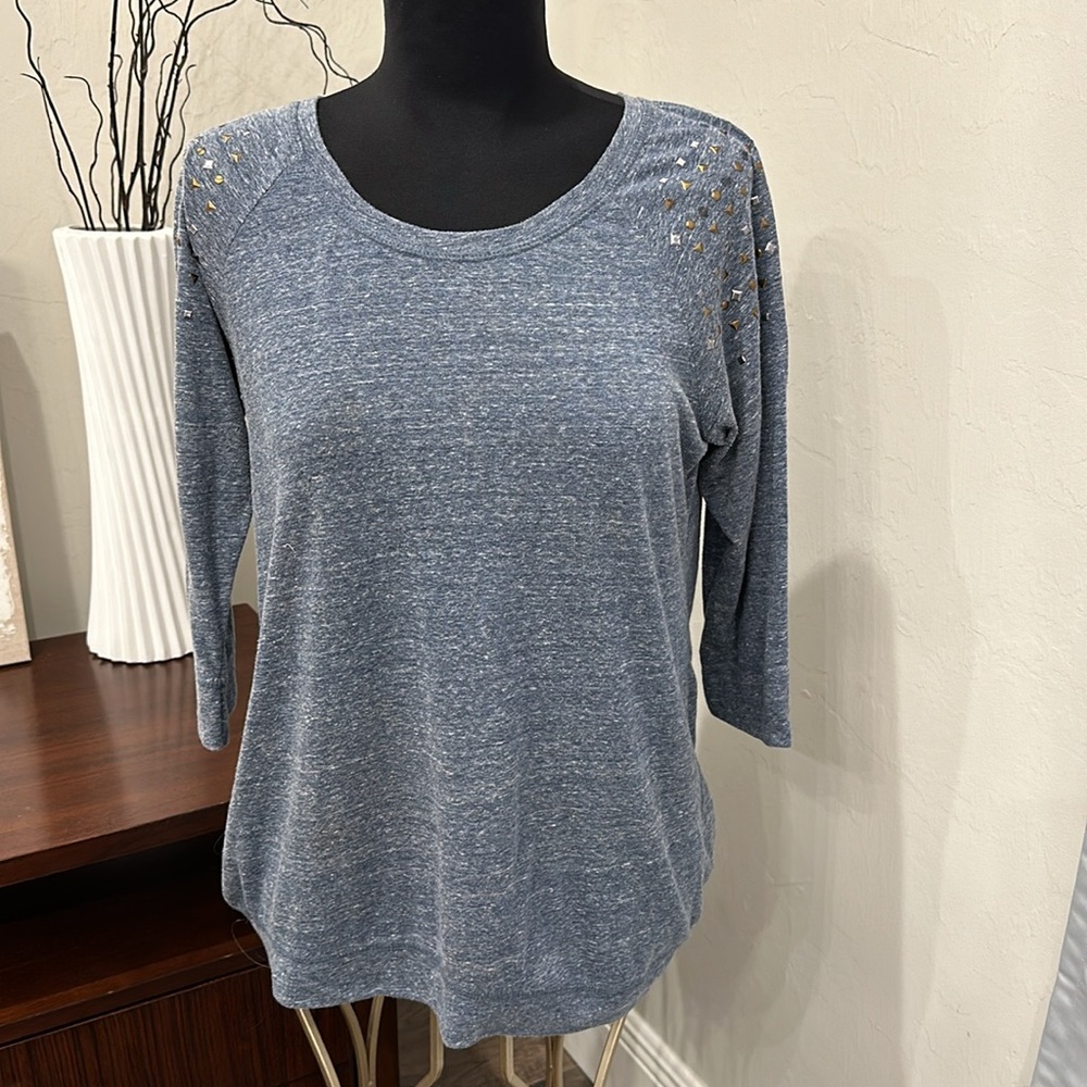 French Laundry Studded Shoulder Three Quarter Length Sleeve Soft T-Shirt Medium
